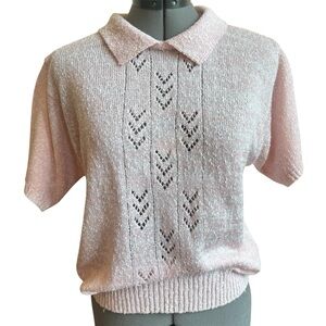 Vintage Tanjay Knit Collared Shirt Cottagecore Pointelle Short Sleeve Blush Pink